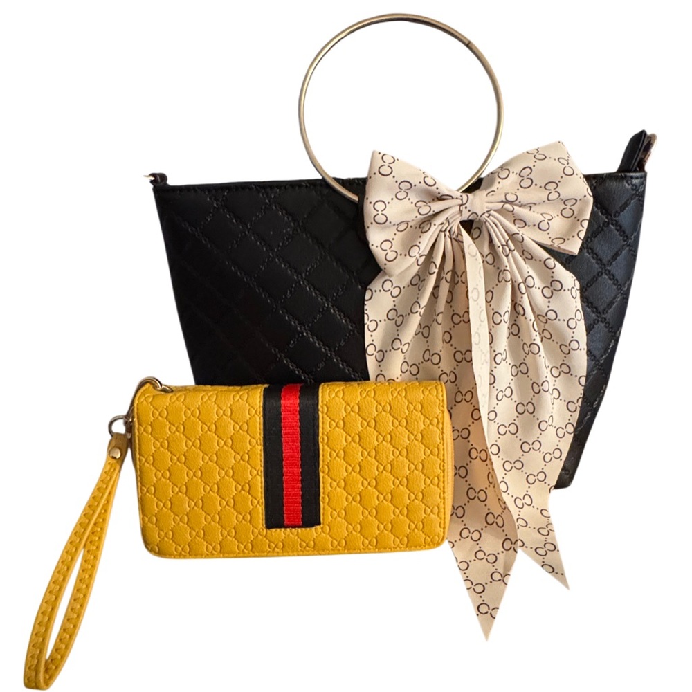 Black Quilted Fashion Bag with Bow and Yellow Fashion Wallet